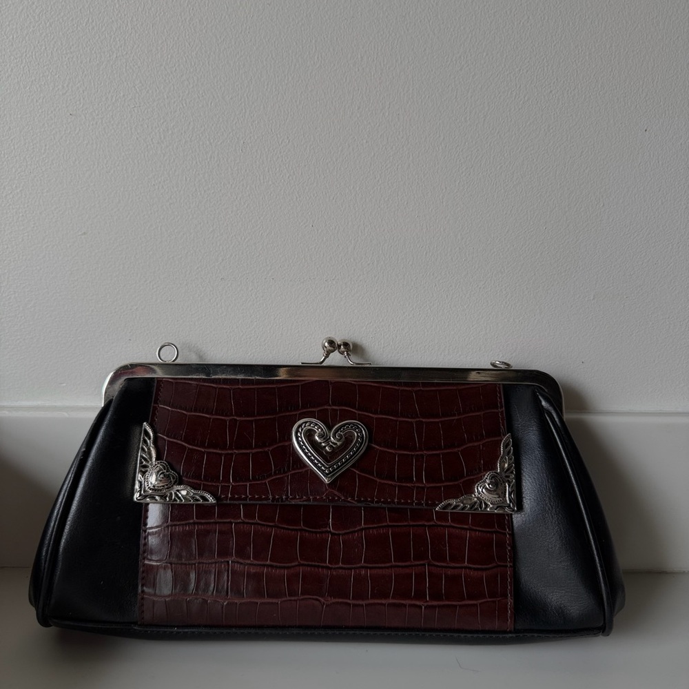 Vintage-Inspired Black & Dark Brown Croc Accent Clutch